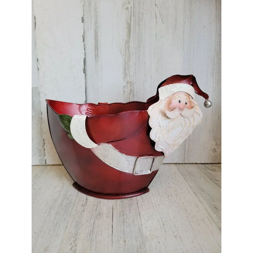 Pier 1 Santa tin‎ metal bucket holiday home decor Xmas figure